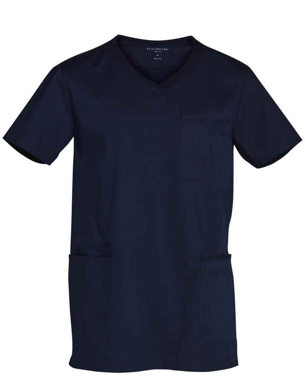 Men's short sleeve scrub top in navy blue with contrast colour detailing, featuring a pocket and branding.