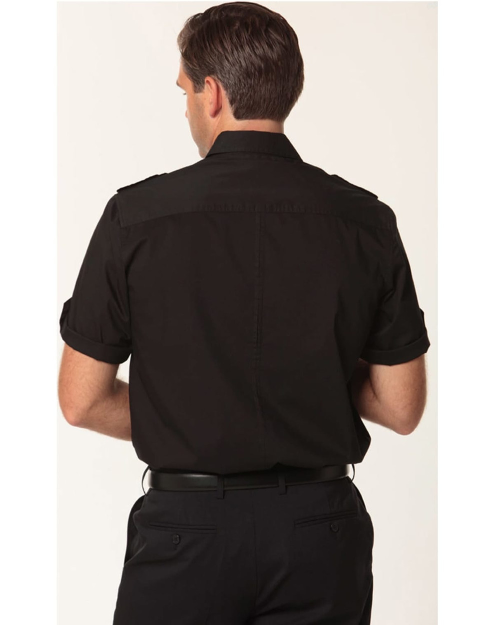 A men's short sleeve military shirt in black, featuring a button-up design and rolled sleeves. It has a logo.