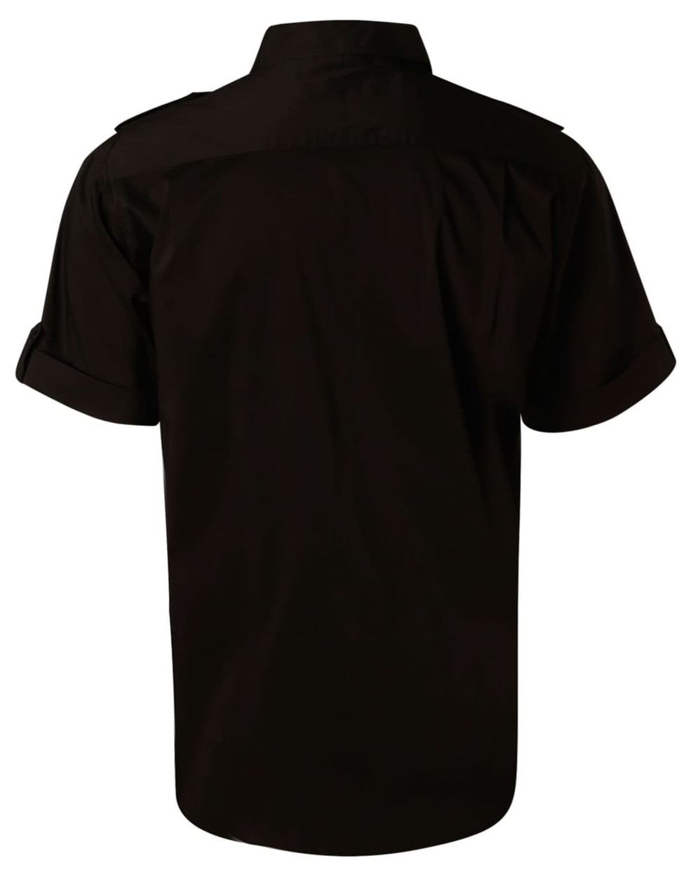 A black men's short sleeve military shirt with a button-up design and rolled sleeves. Features a logo on the back.