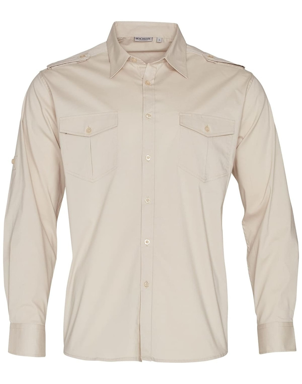 A beige long sleeve military-style shirt with two chest pockets and shoulder epaulettes. It features a button-up front and has a logo.