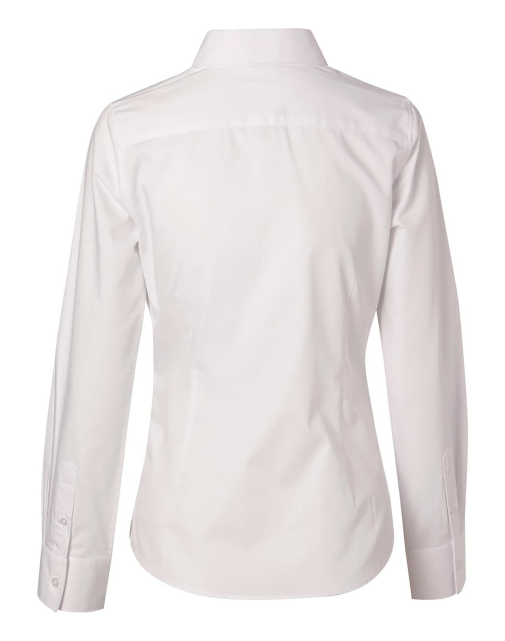 A women's white long-sleeve cotton/poly stretch button-up shirt, featuring a back view and a logo on the label.