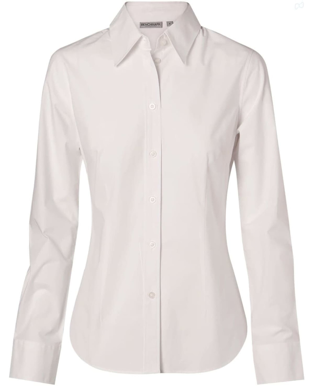 A white women's fine twill long sleeve button-up shirt with a collar and logo on the label.