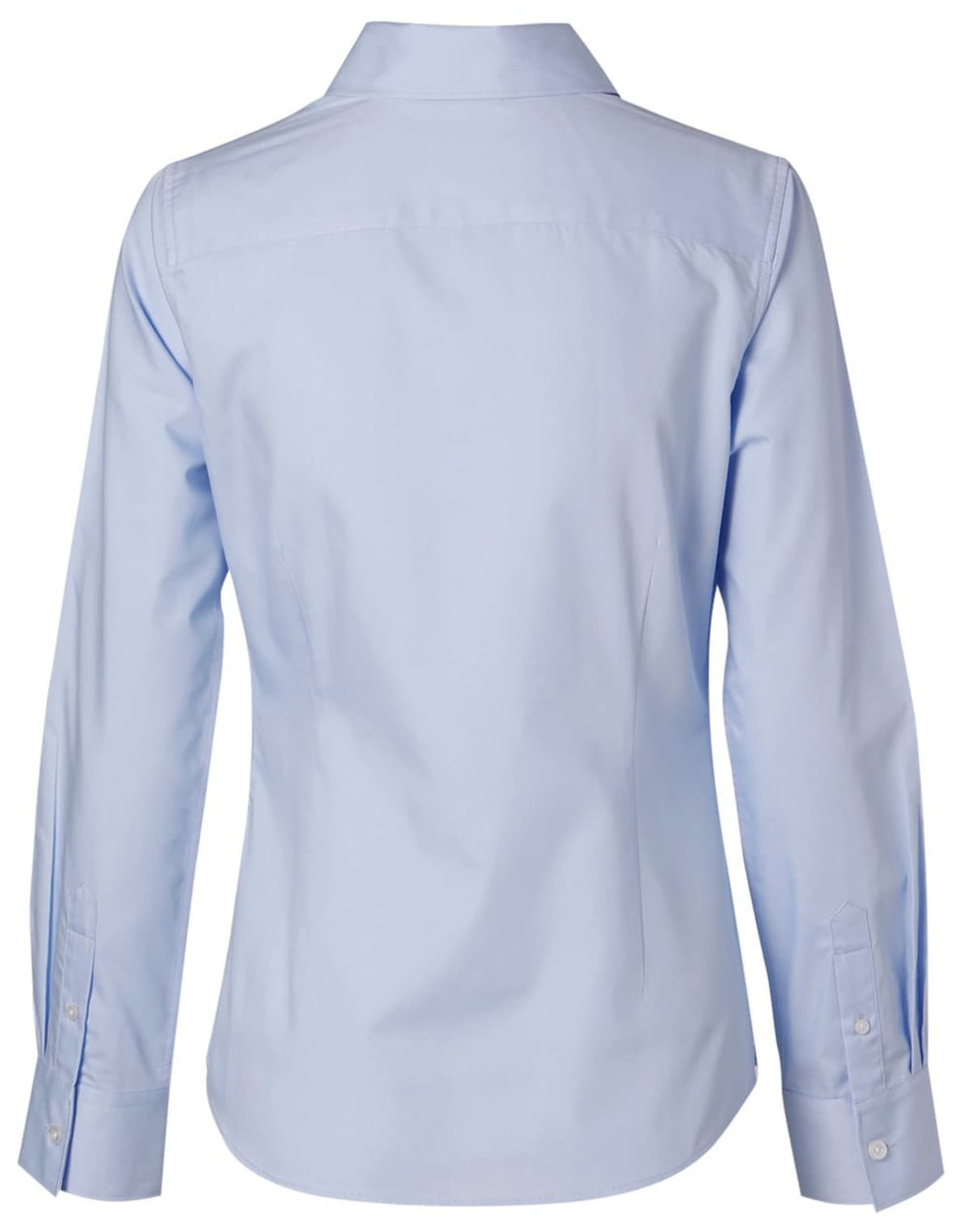 A light blue women's long sleeve button-up shirt with a collar and buttoned cuffs, featuring a logo on the back.