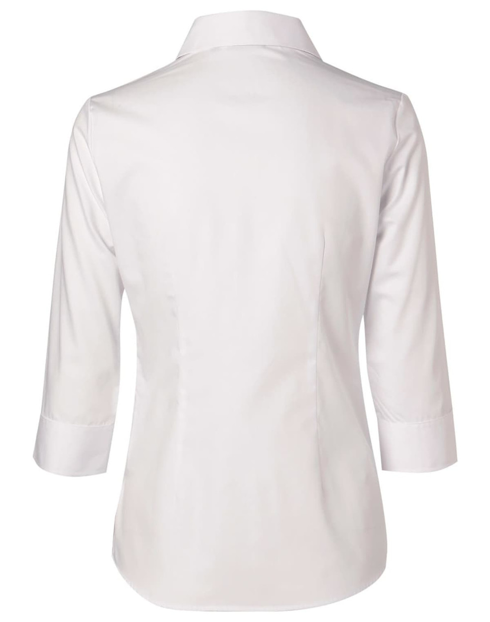 A white women's cotton/poly stretch button-up shirt with 3/4 sleeves, featuring a collared neckline and a fitted design.