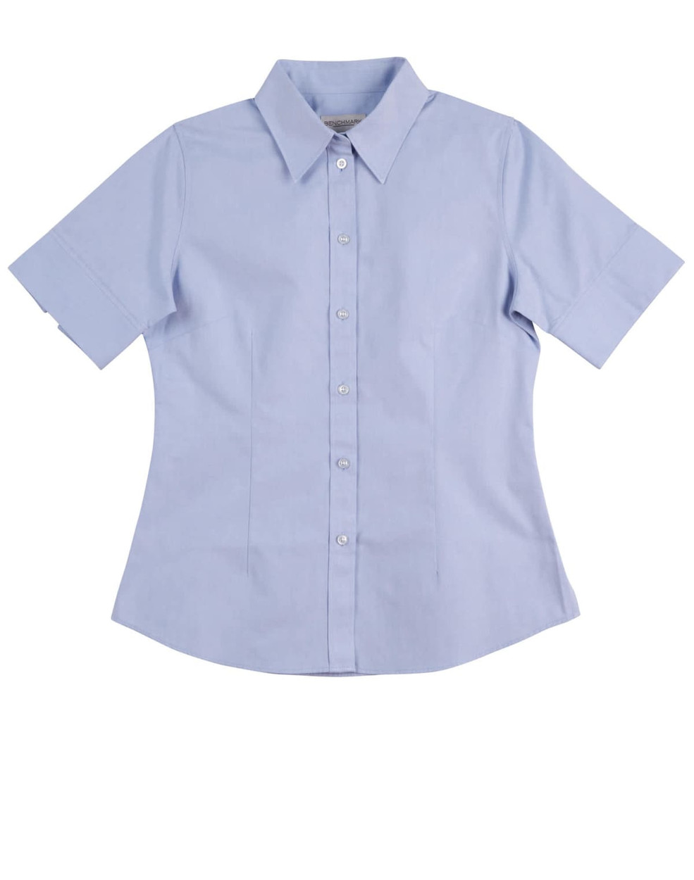 A light blue women's button-up short-sleeve shirt featuring a collar and a logo.