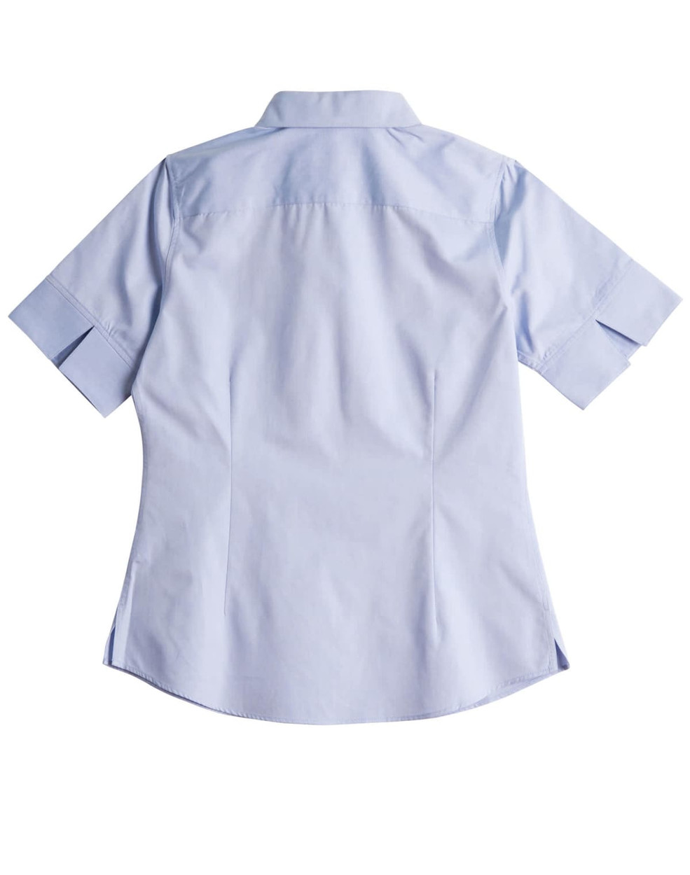 A light blue women's button-up shirt with short sleeves and a back yoke, featuring a logo.