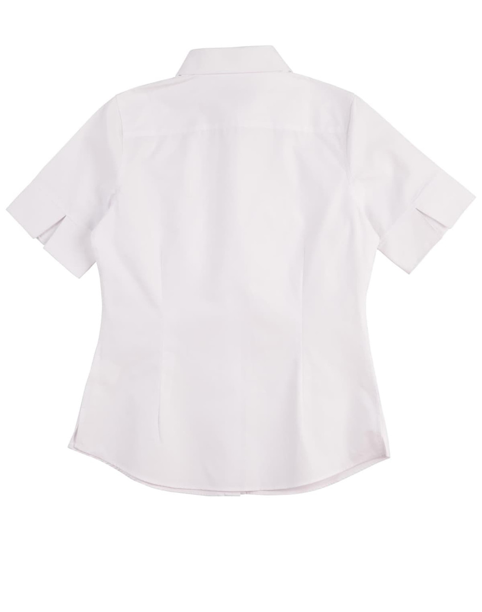A short-sleeved women's oxford shirt in white, featuring a classic button-up design and a logo.