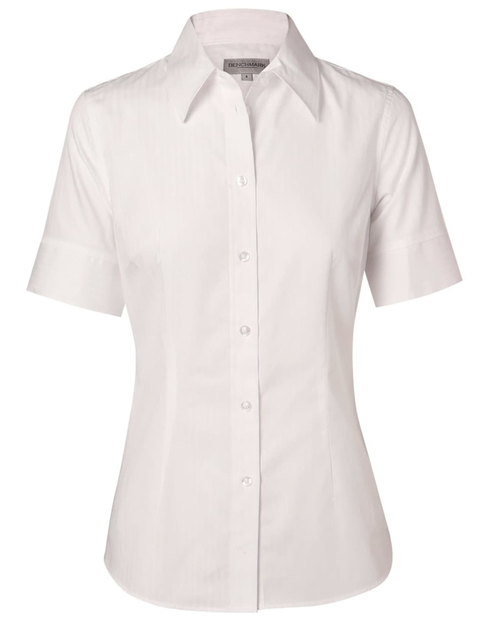 A short-sleeved women's button-up shirt in white with a self-stripe pattern and a collar. Features a logo on the label.