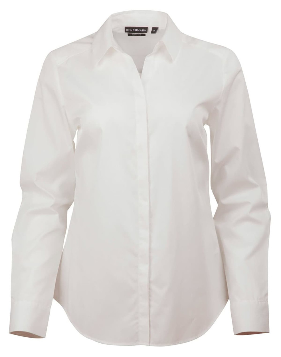 A white button-up shirt with long sleeves and a collar, featuring a logo on the neckline.