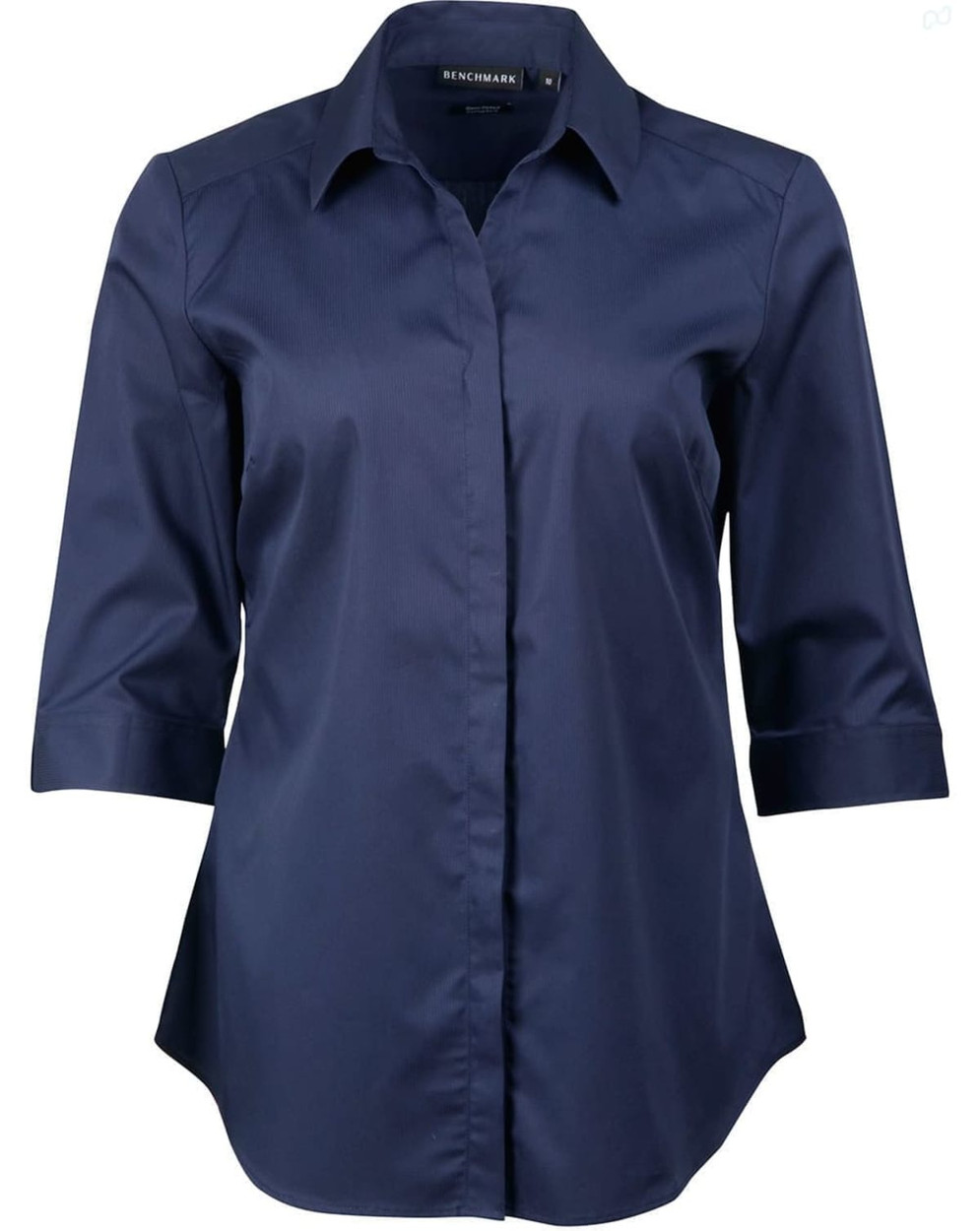 A navy blue button-up shirt with 3/4 sleeves and a modern fit, featuring a logo on the collar.