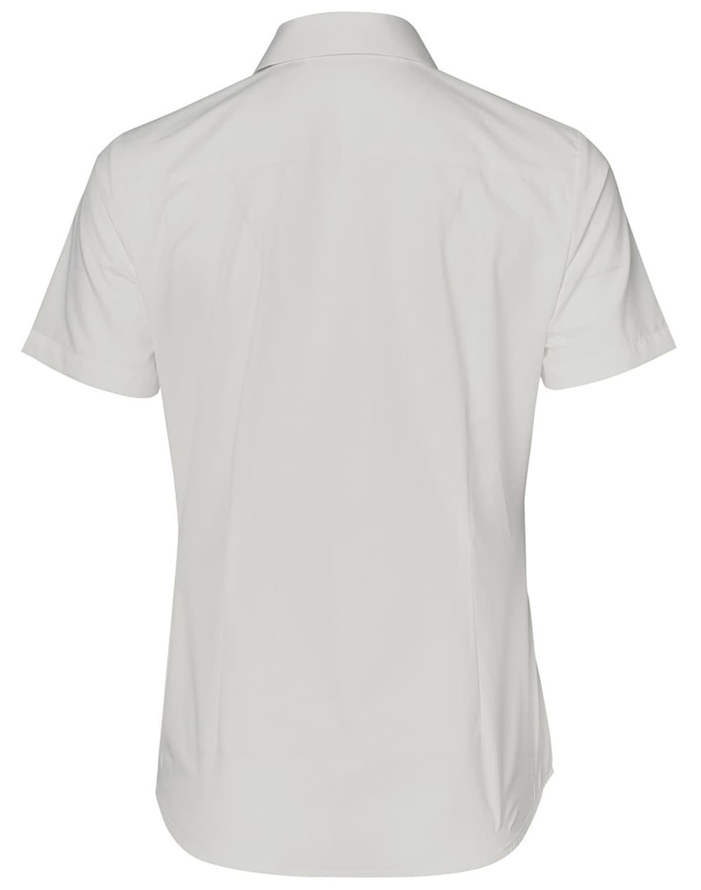 A short-sleeved ladies' shirt in light grey with a button-up front and a logo. Features a dobby striped design.