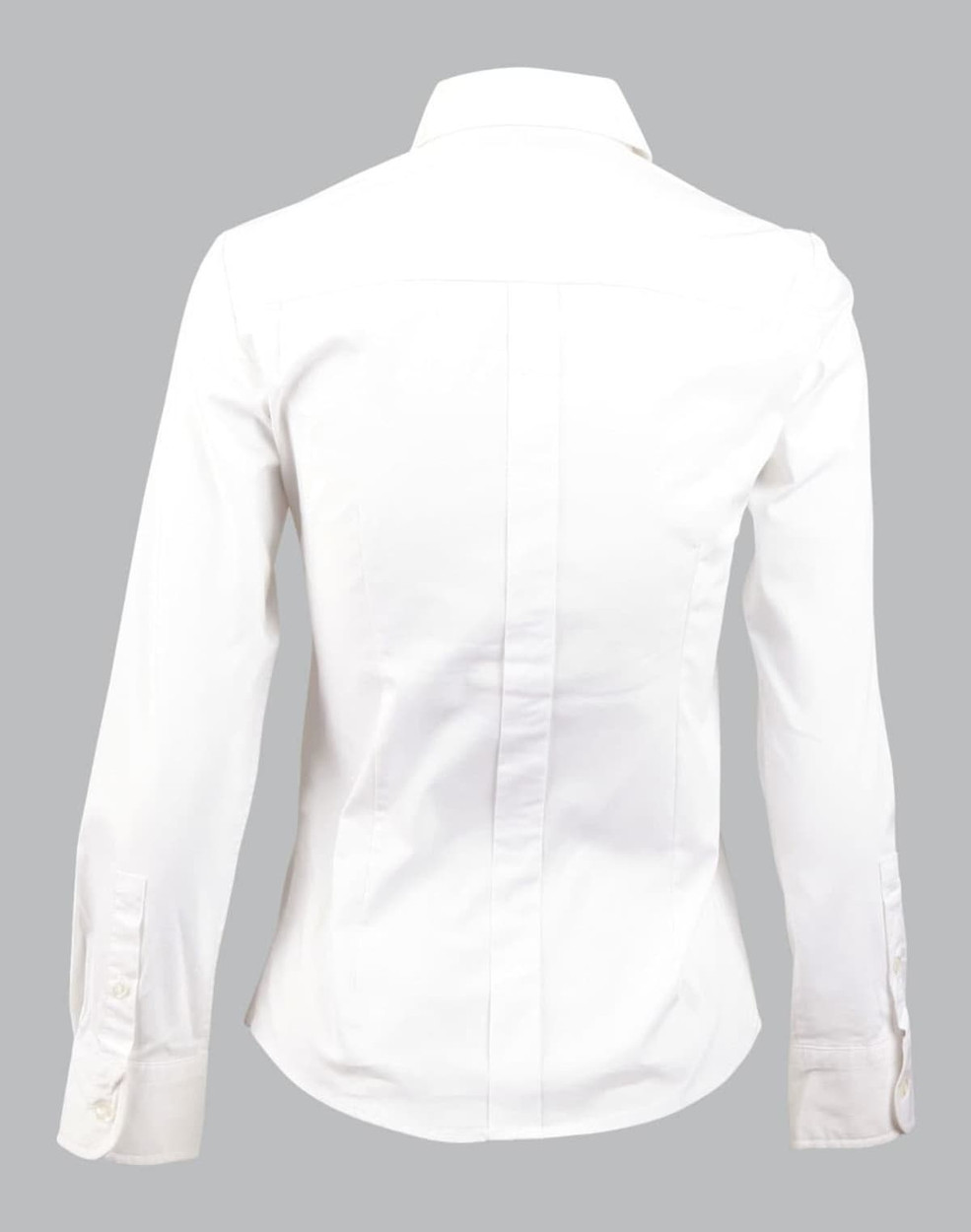 A white women's long sleeve button-up shirt featuring a tuck front design and a collar. The back view is displayed.