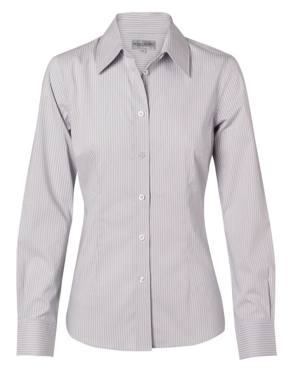 A long-sleeve women's button-up shirt in grey with white ticking stripes and a collared neckline. It features a logo.