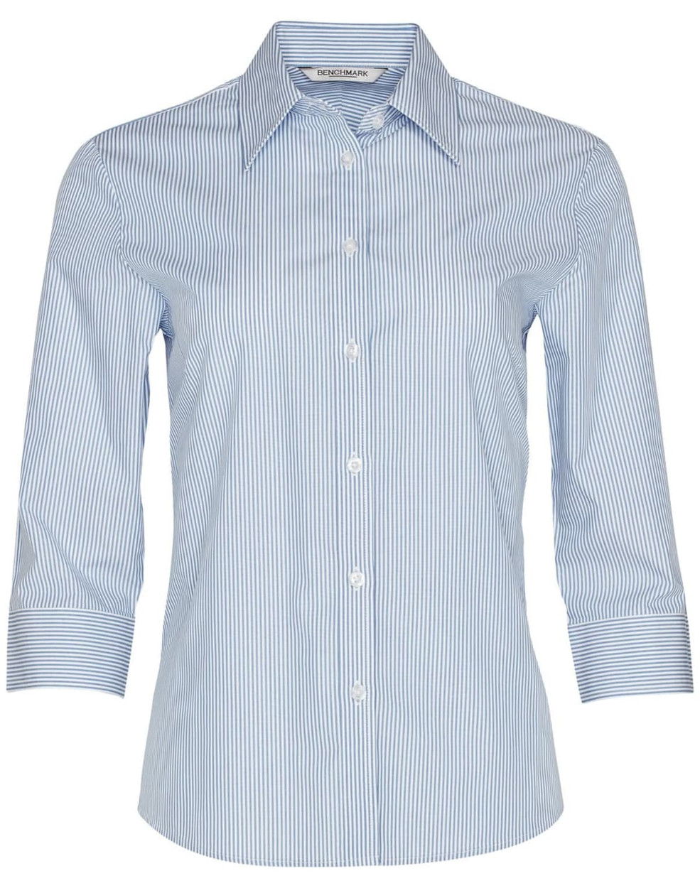 A light blue and white striped women's button-up shirt with 3/4 sleeves and a pointed collar. Features a logo.