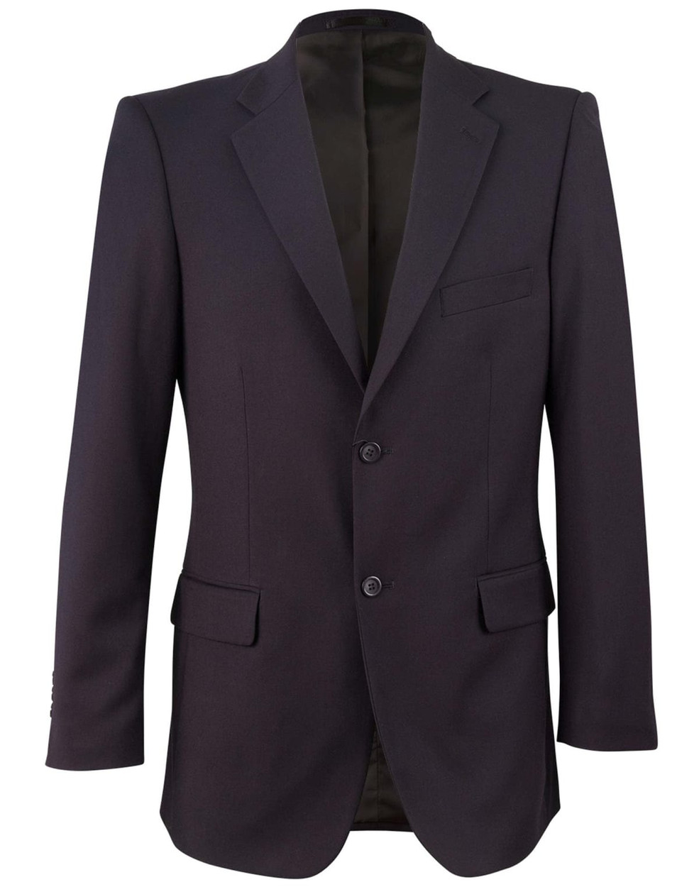 A black men's poly/viscose stretch jacket with a single-breasted design and two front pockets.