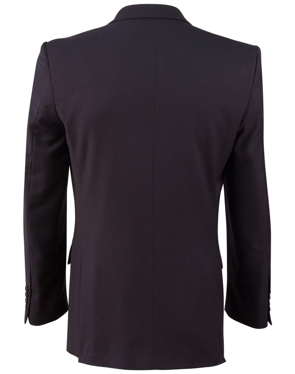 A black men's poly/viscose stretch jacket, featuring a classic design and structured fit, viewed from the back.