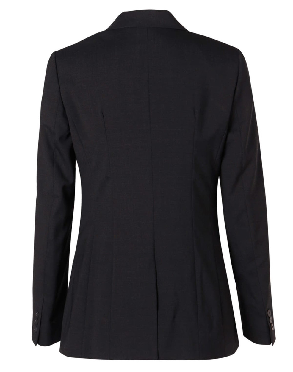 A black women's mid-length jacket with a fitted back and long sleeves, featuring a single vent and buttoned cuffs.