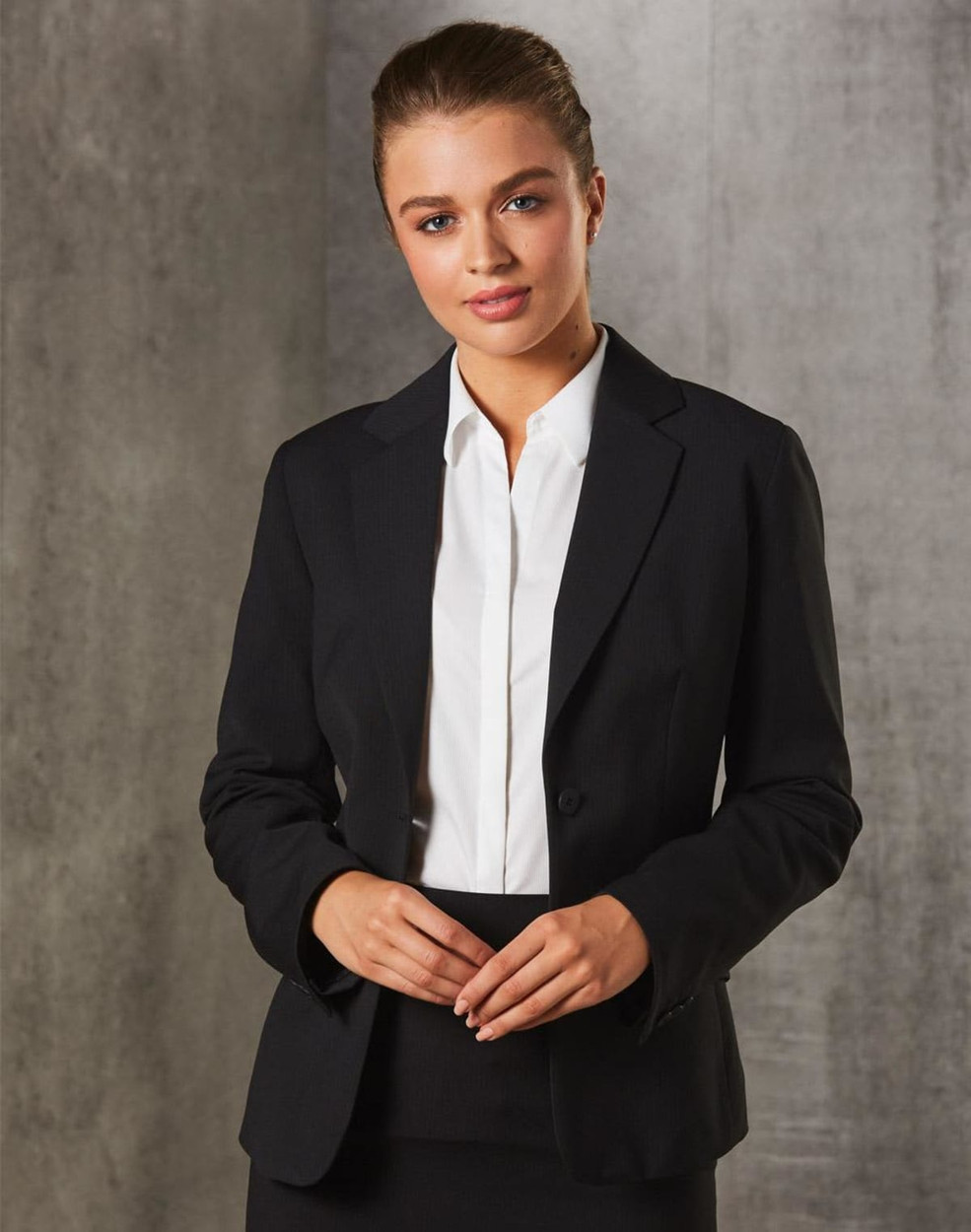 A women's one-button cropped jacket in black poly/viscose stretch stripe, featuring a sleek design and tailored fit.