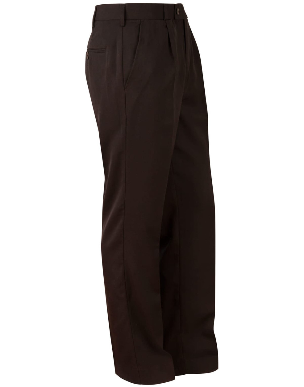 Brown men's chino pants featuring a straight leg design and a logo on the waistband.