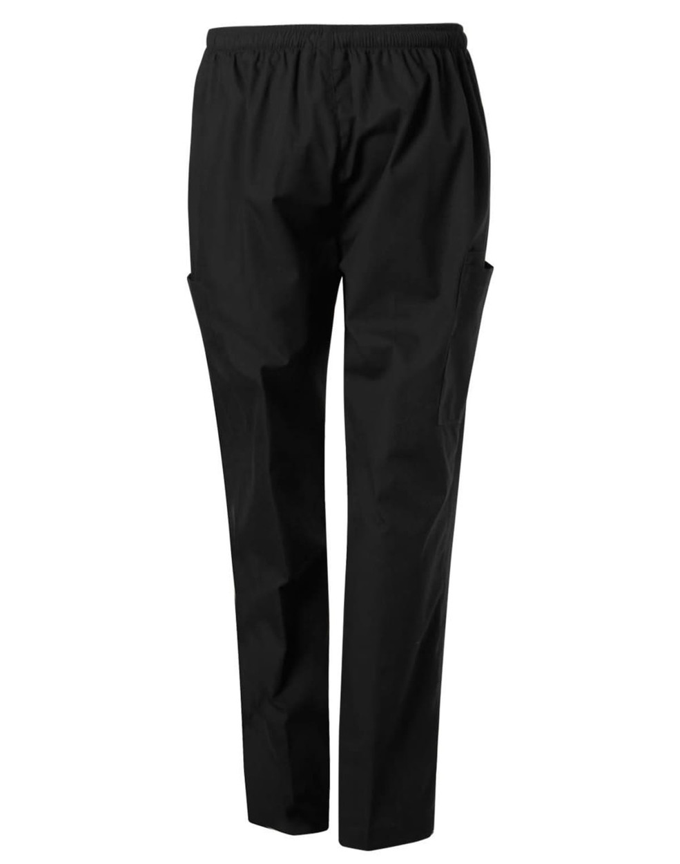 Black unisex scrub pants featuring a comfortable elastic waistband and side pockets. Includes branding on the fabric.