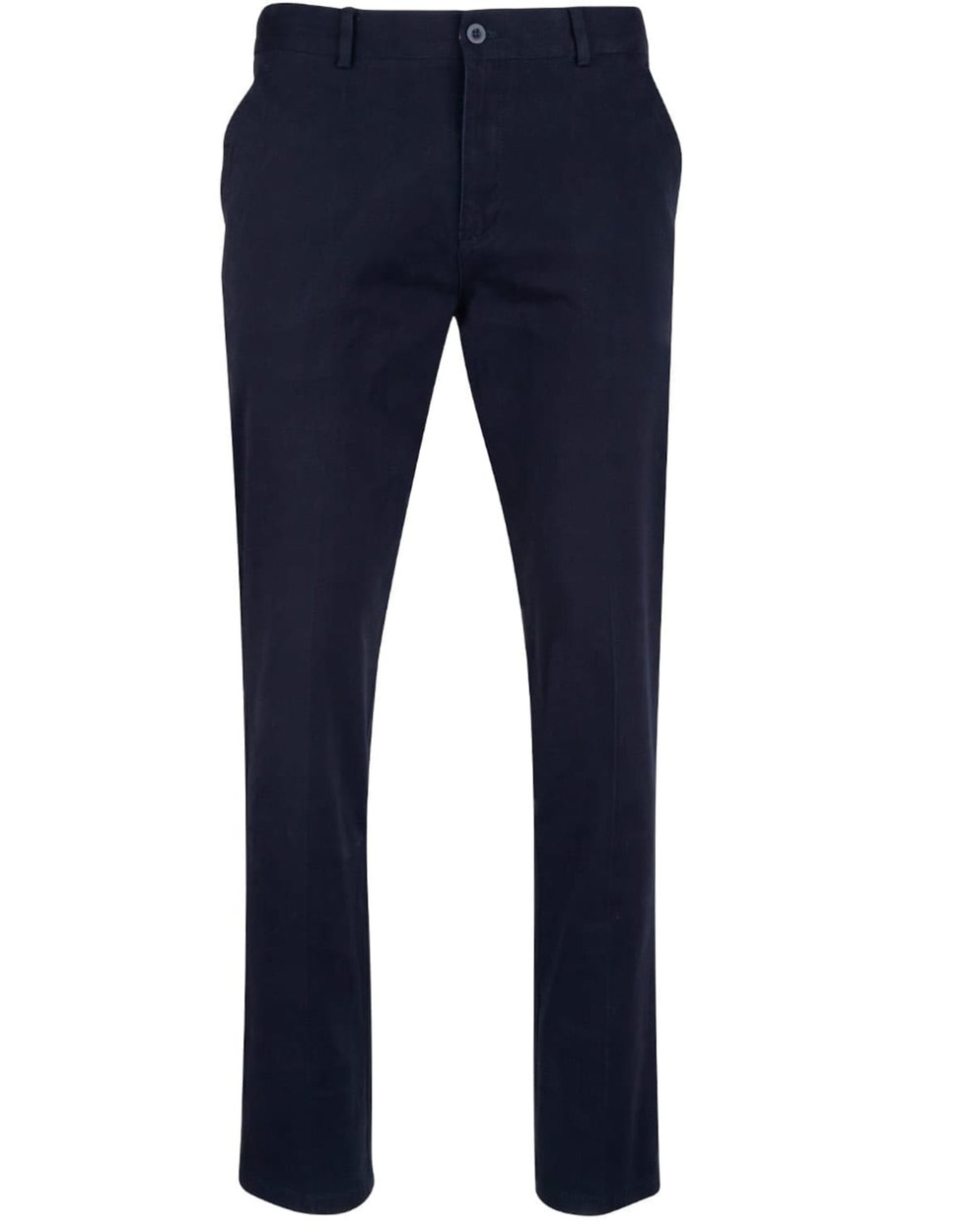 Men's dark navy chino pants with a classic fit, featuring belt loops and a logo. Ideal for smart-casual wear.