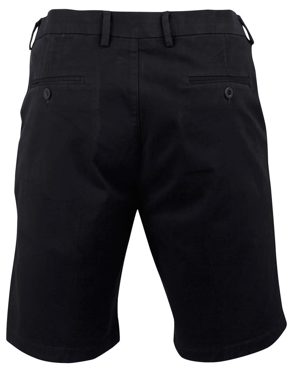 Men's stretch cotton chino shorts in black, featuring two back pockets and a waistband with loops.