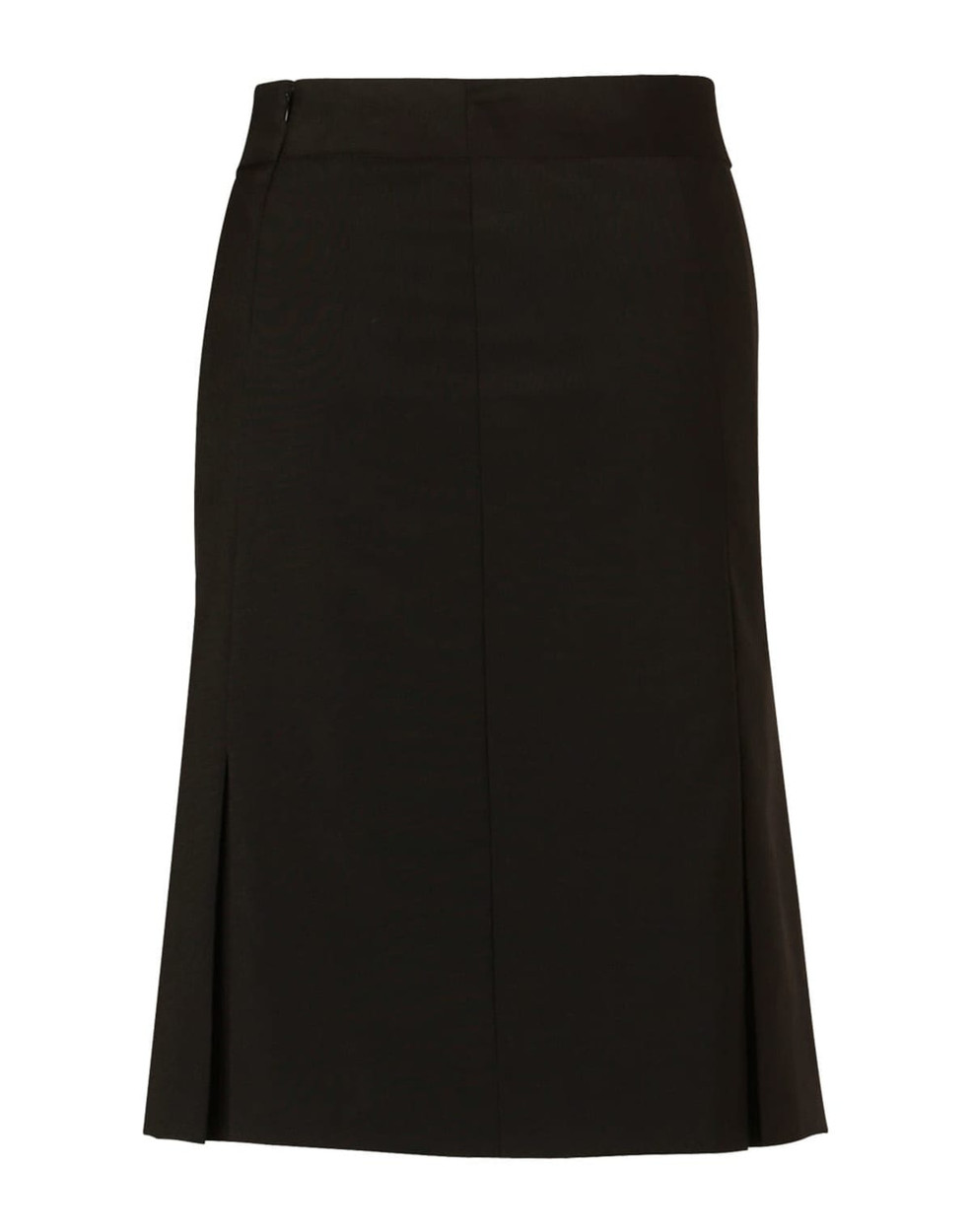 A black women's pleated skirt made from wool stretch fabric, featuring a straight cut and side zip.