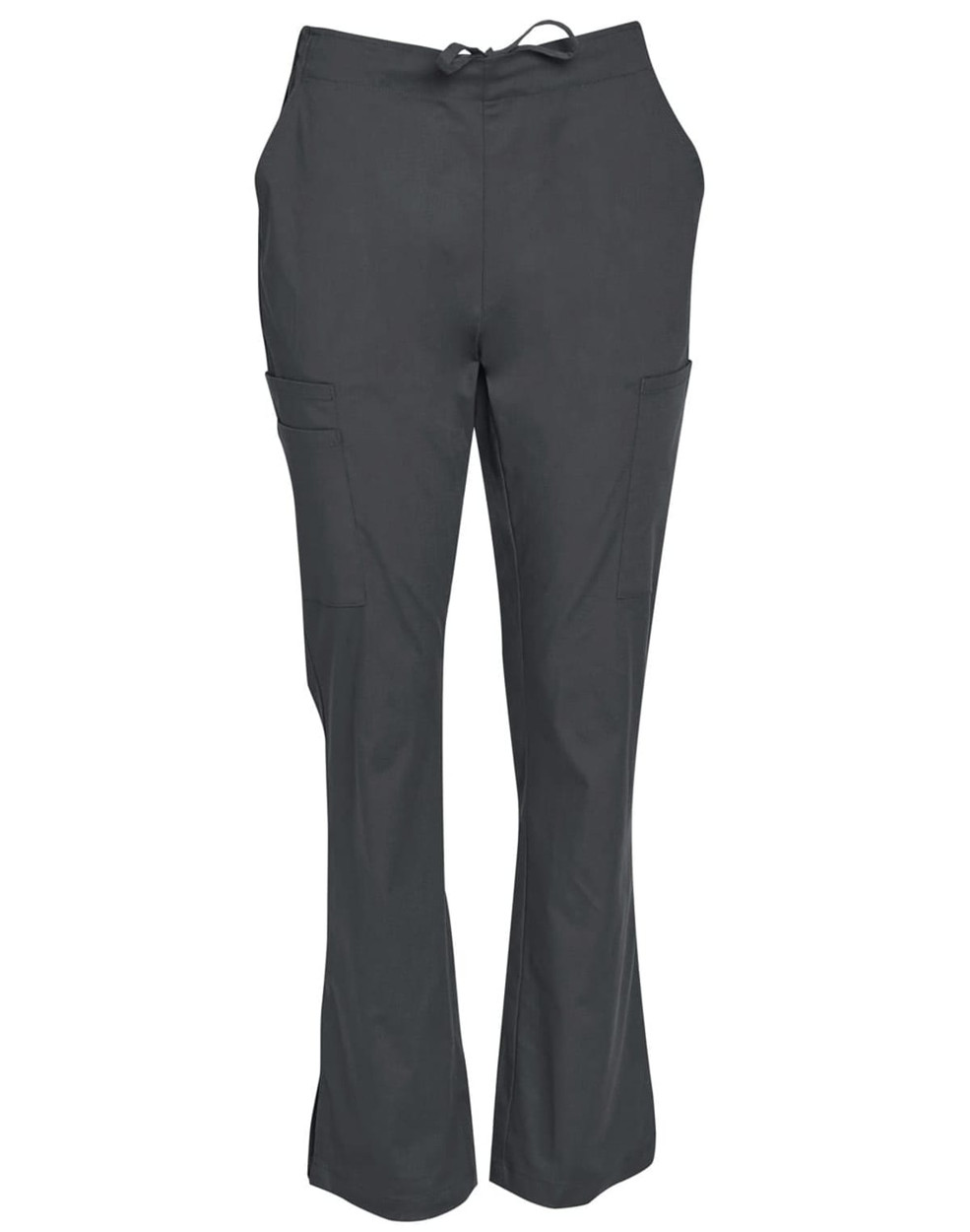 Ladies' solid colour scrub pants in dark grey, featuring a waistband tie and side pockets. Includes branding.