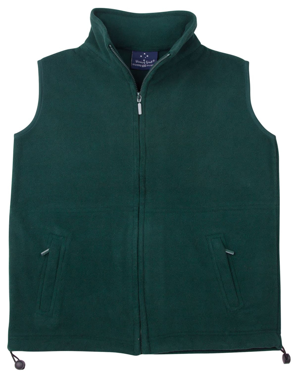A unisex polar fleece vest in dark green with a zip front and two side pockets. Features a logo on the inside.