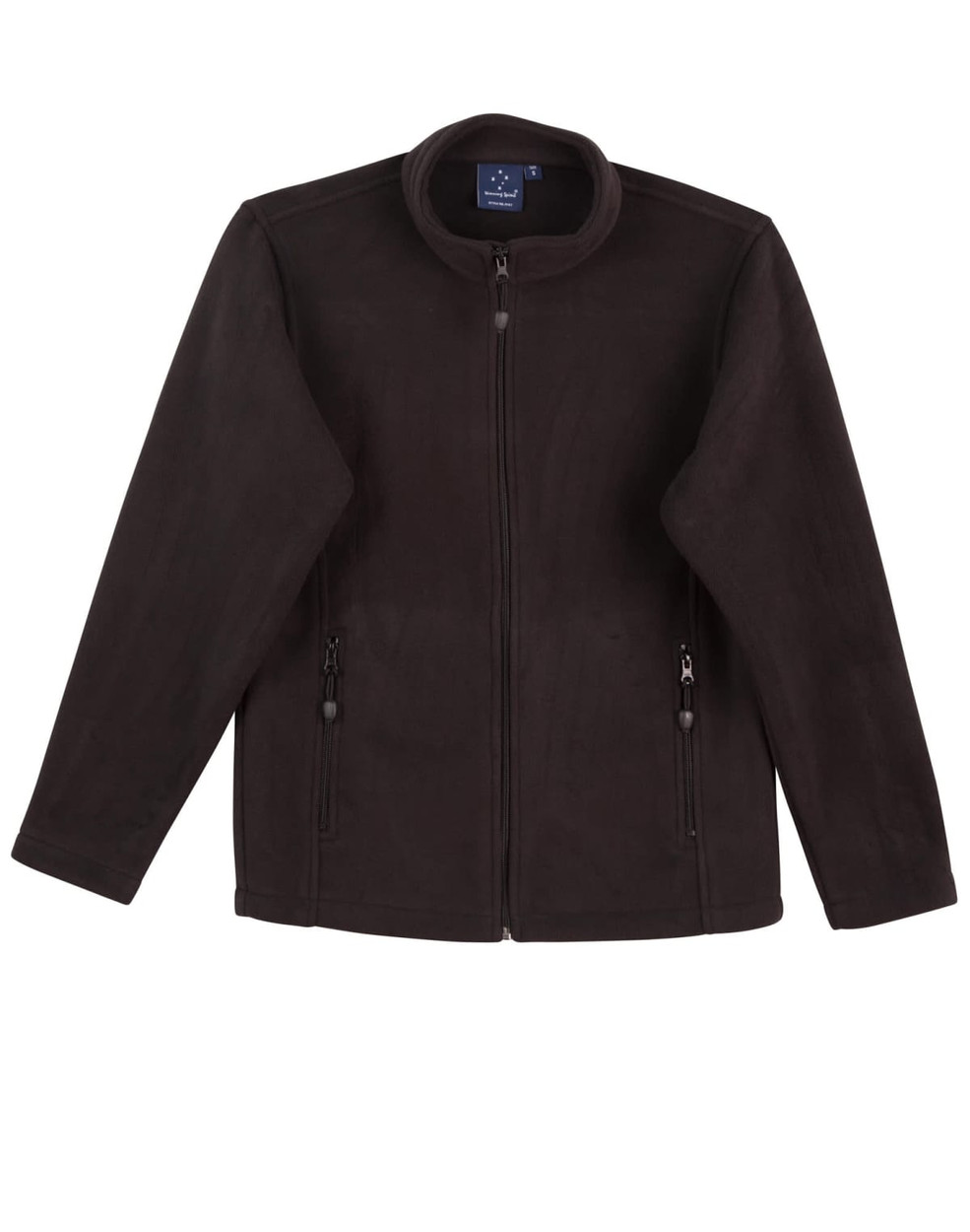 A black polar fleece jacket with a full zip and two front zip pockets, featuring a collar and no visible branding.