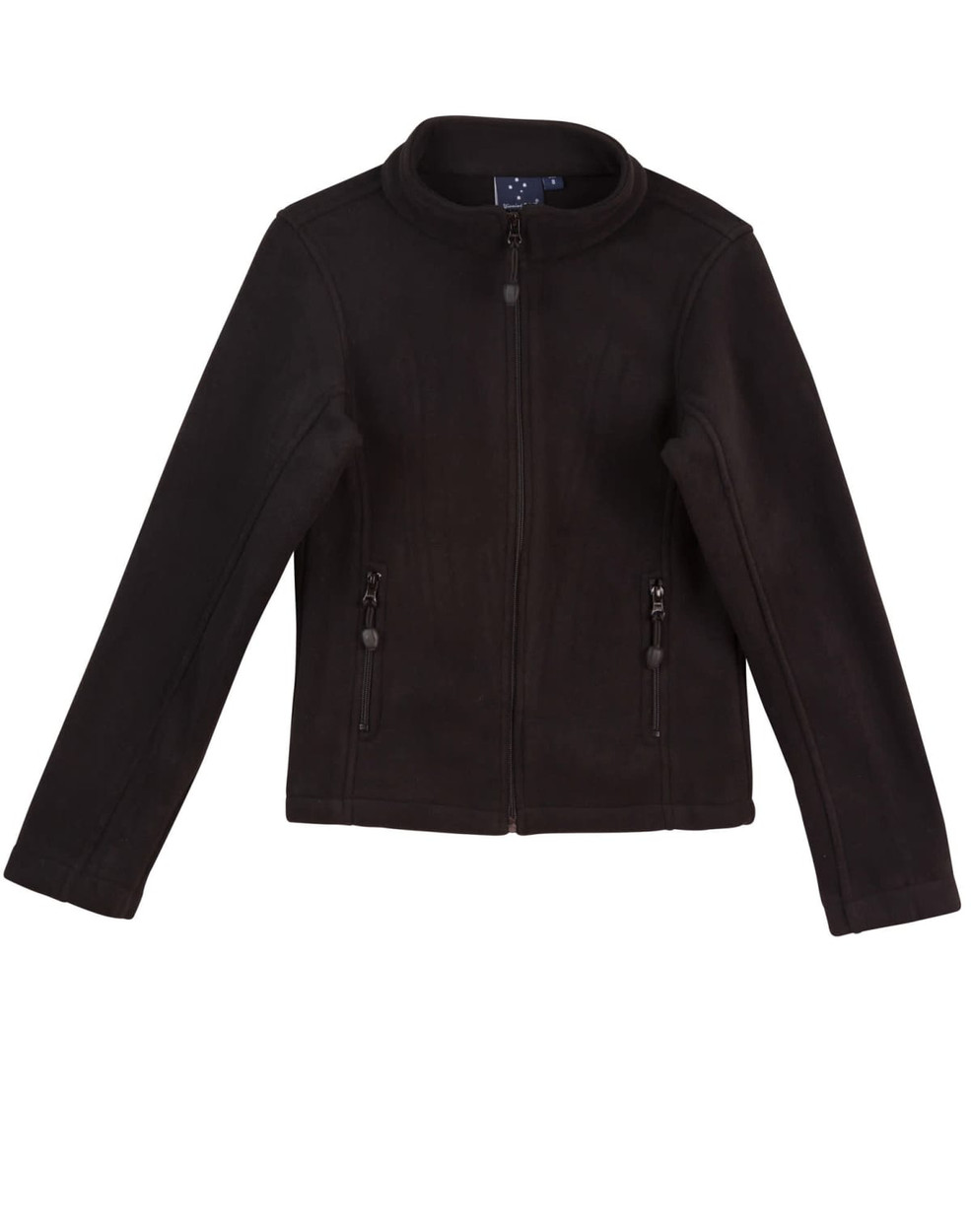 A black bonded polar fleece jacket featuring a zip front and two side pockets, with a collar and a logo.