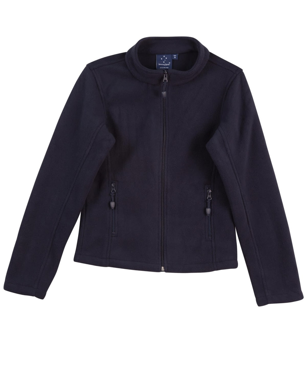 A navy polar fleece jacket featuring a zip front, stand collar, and zippered side pockets. It includes a logo on the chest.
