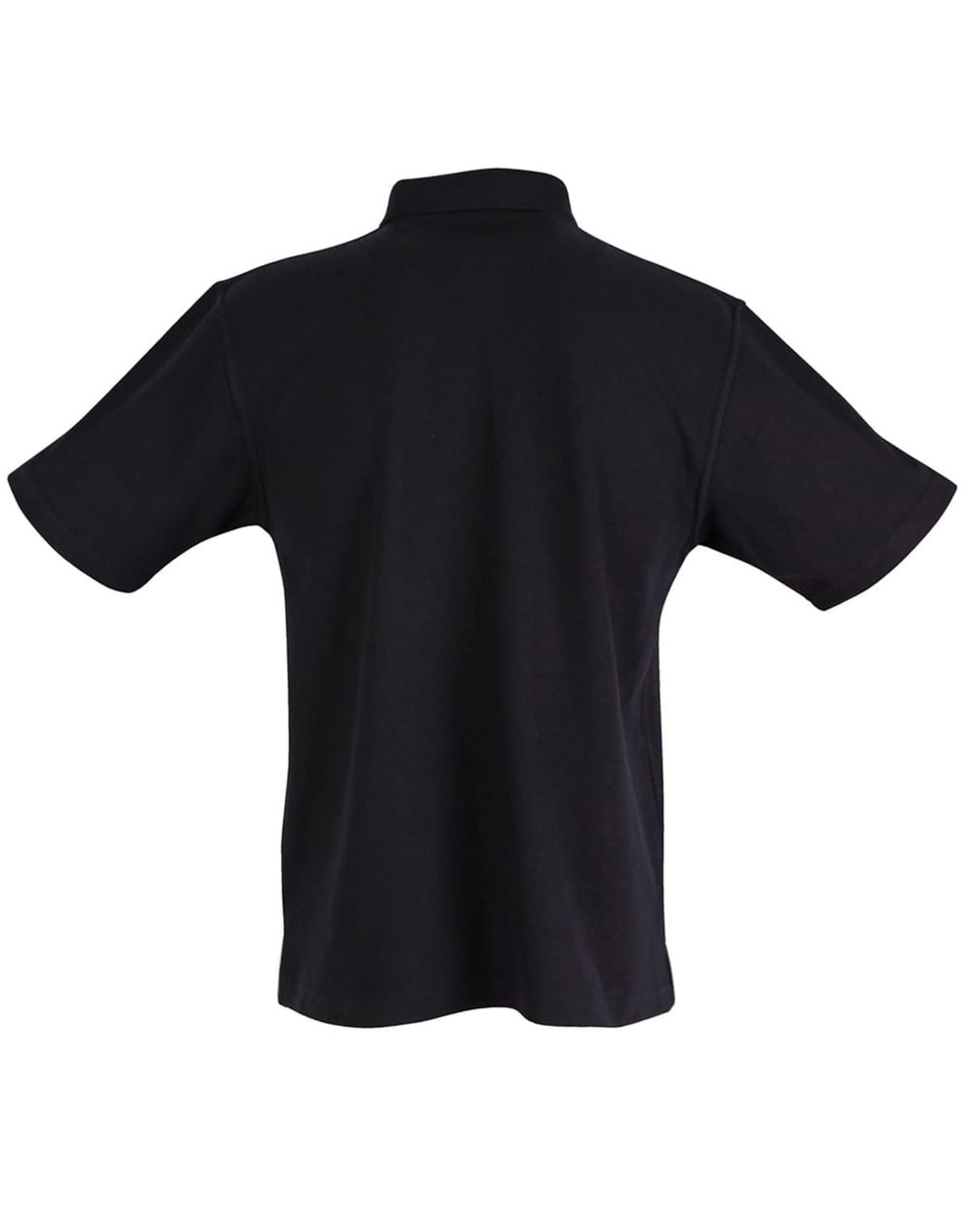 A black children's traditional polo shirt with short sleeves, featuring a collar and a logo on the back.