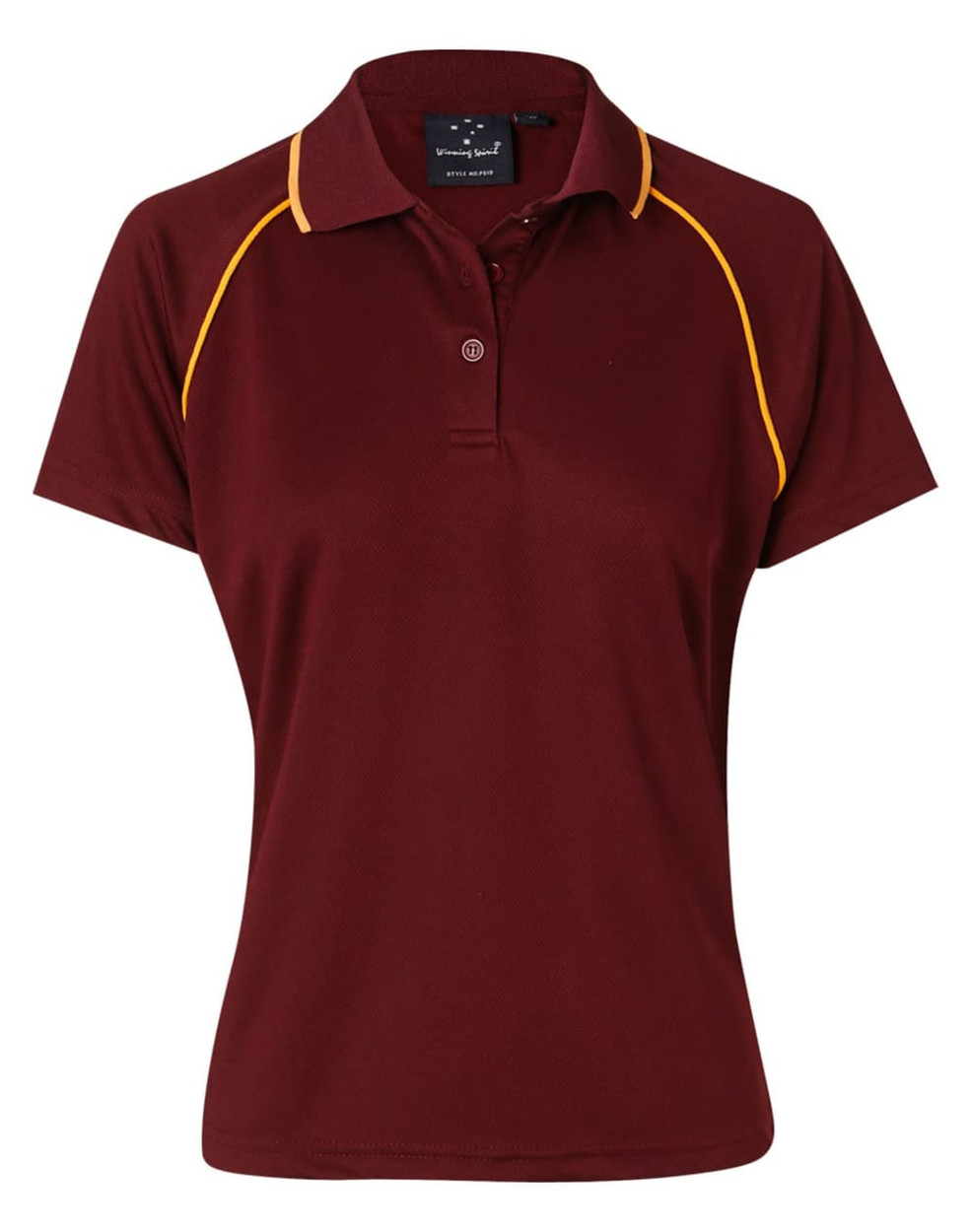A maroon polo shirt with yellow detailing and a collar, featuring a branding logo.