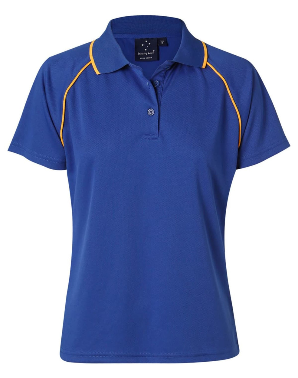 A blue polo shirt with orange piping and a collar, featuring a small logo on the neckline.