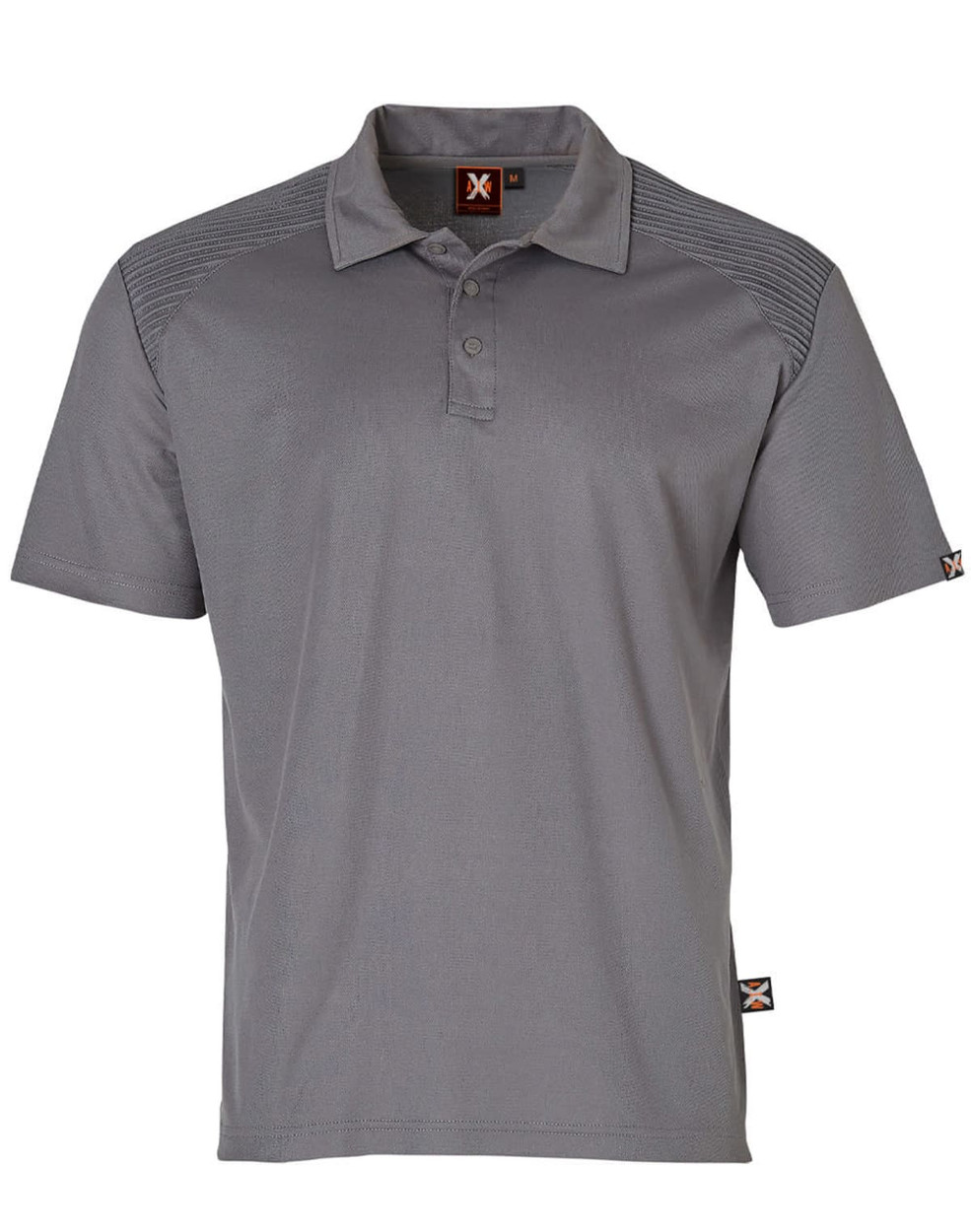 A grey short-sleeve polo shirt featuring a logo, with textured shoulder panels and a classic collar design.