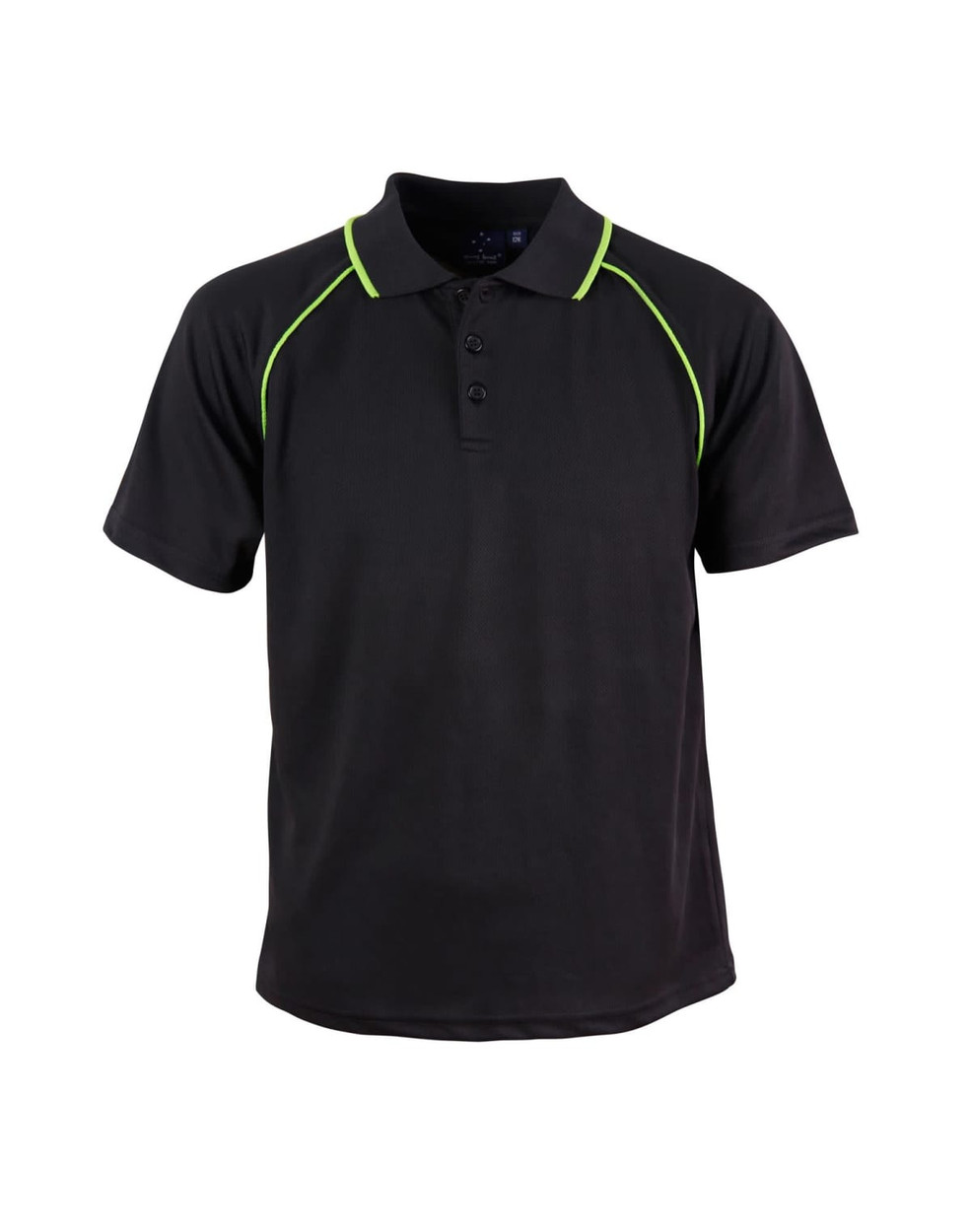 A black polo shirt with green accents, featuring a collar and three buttons. It has a logo on the front.