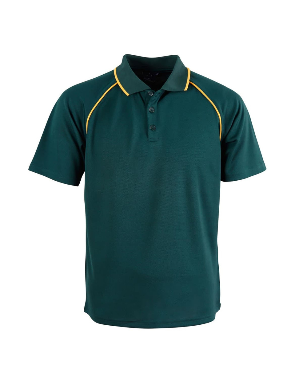 A green kid's polo shirt featuring yellow piping and a classic collar. The shirt includes a logo on the chest.
