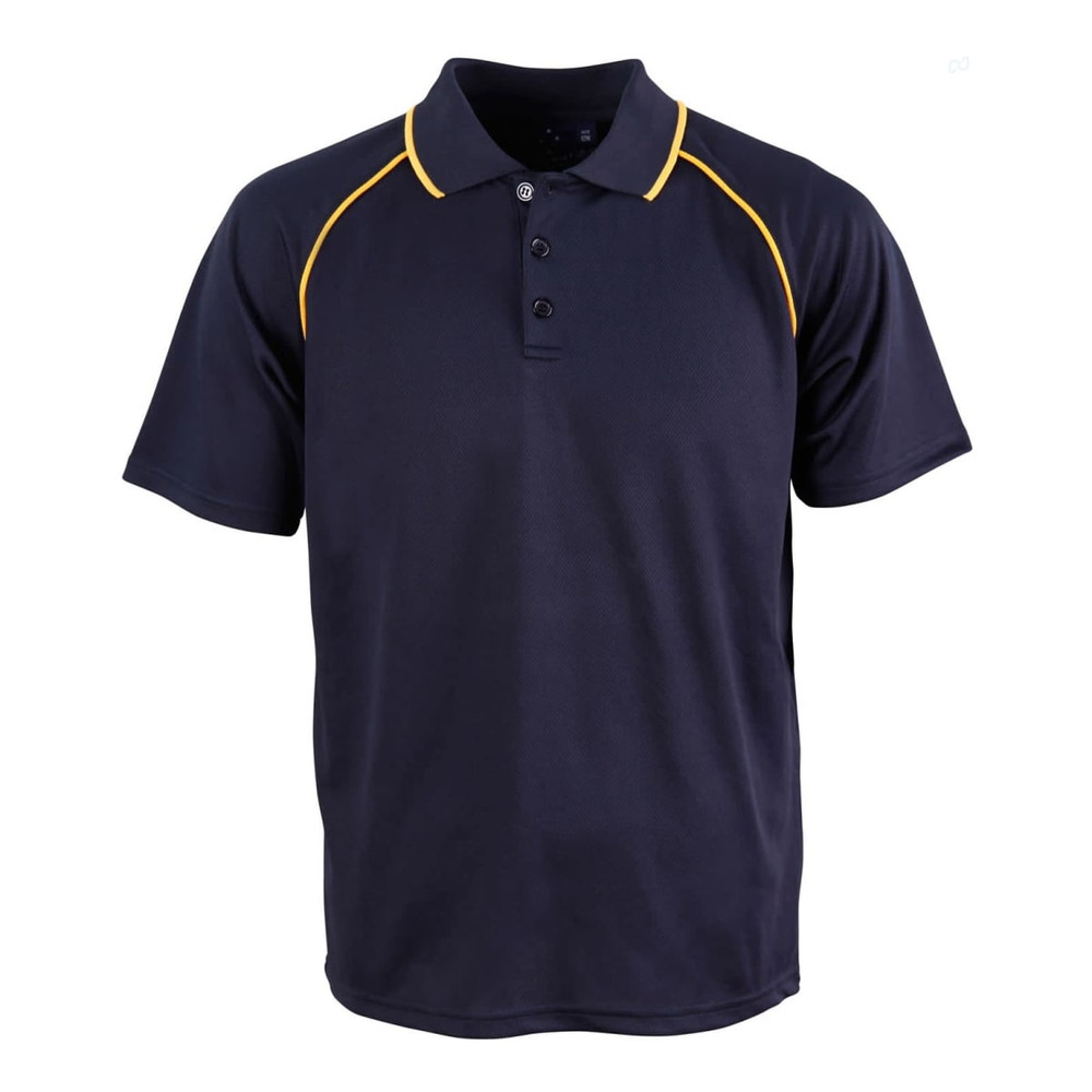 A navy polo shirt with yellow accents and a three-button placket. It features a logo on the chest.