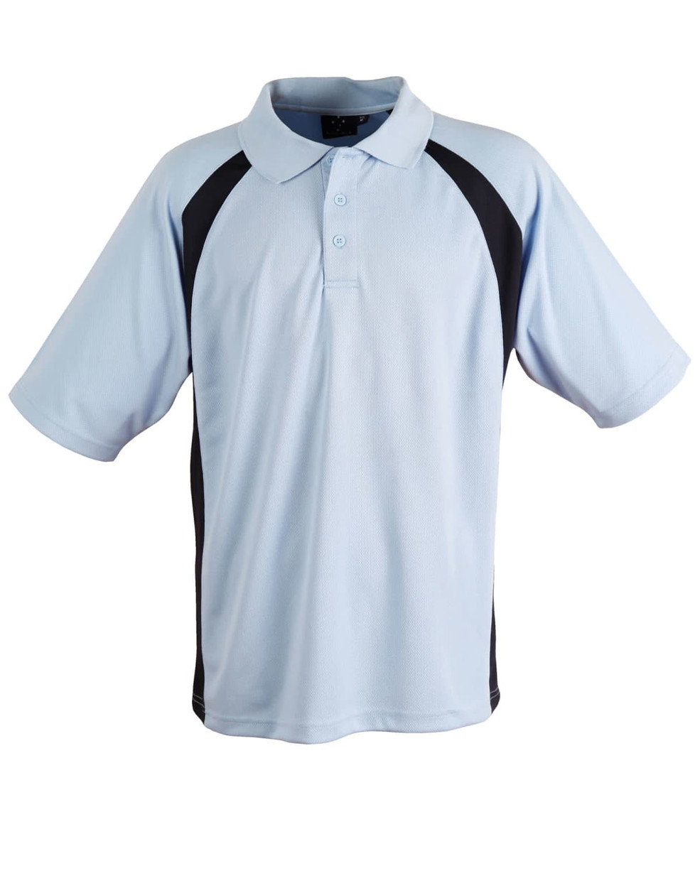 A light blue and black men's polo shirt featuring a collar and short sleeves, with a logo on the chest.