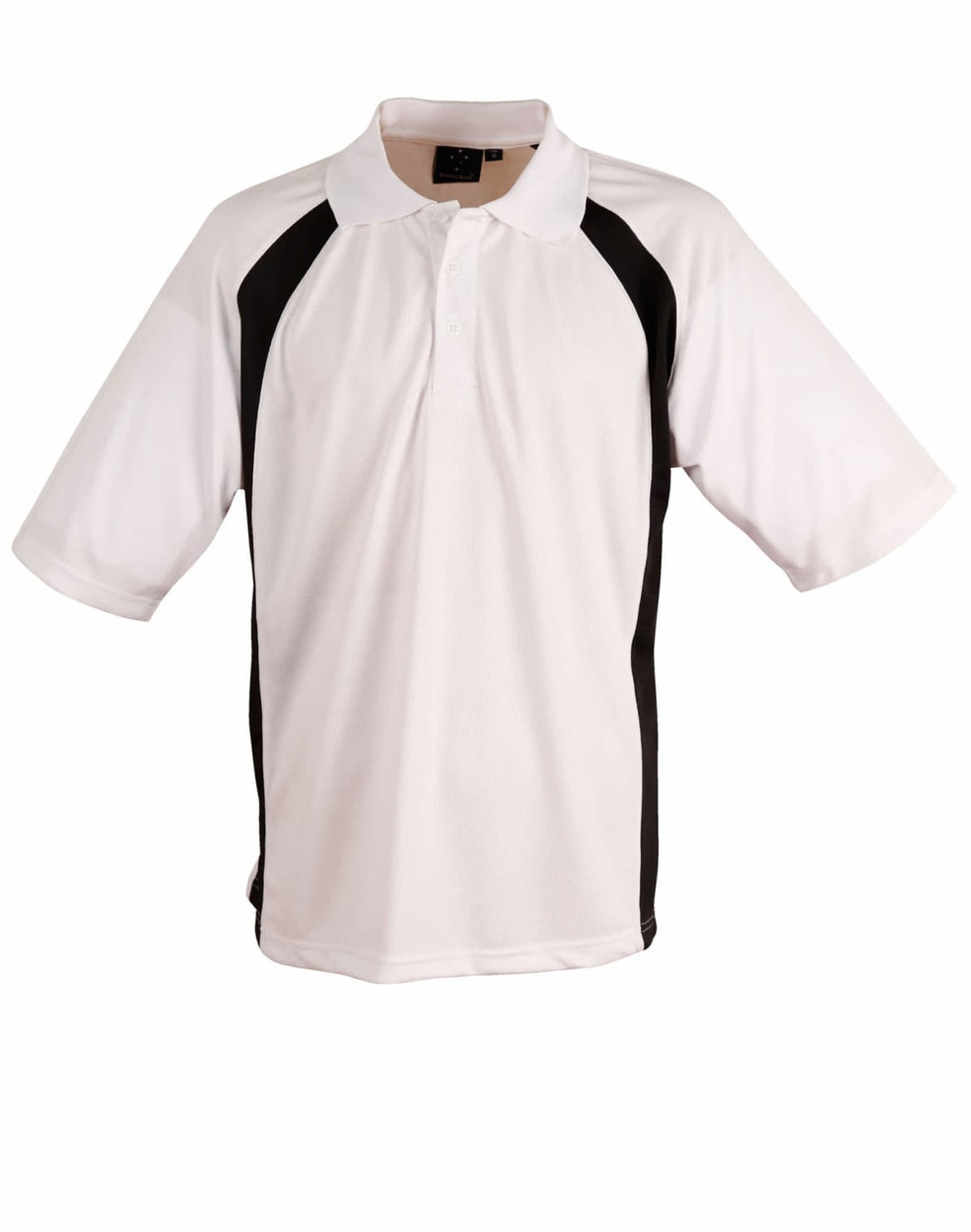 A white and black Men's Athens Sport Polo featuring a contrasting design and a logo.