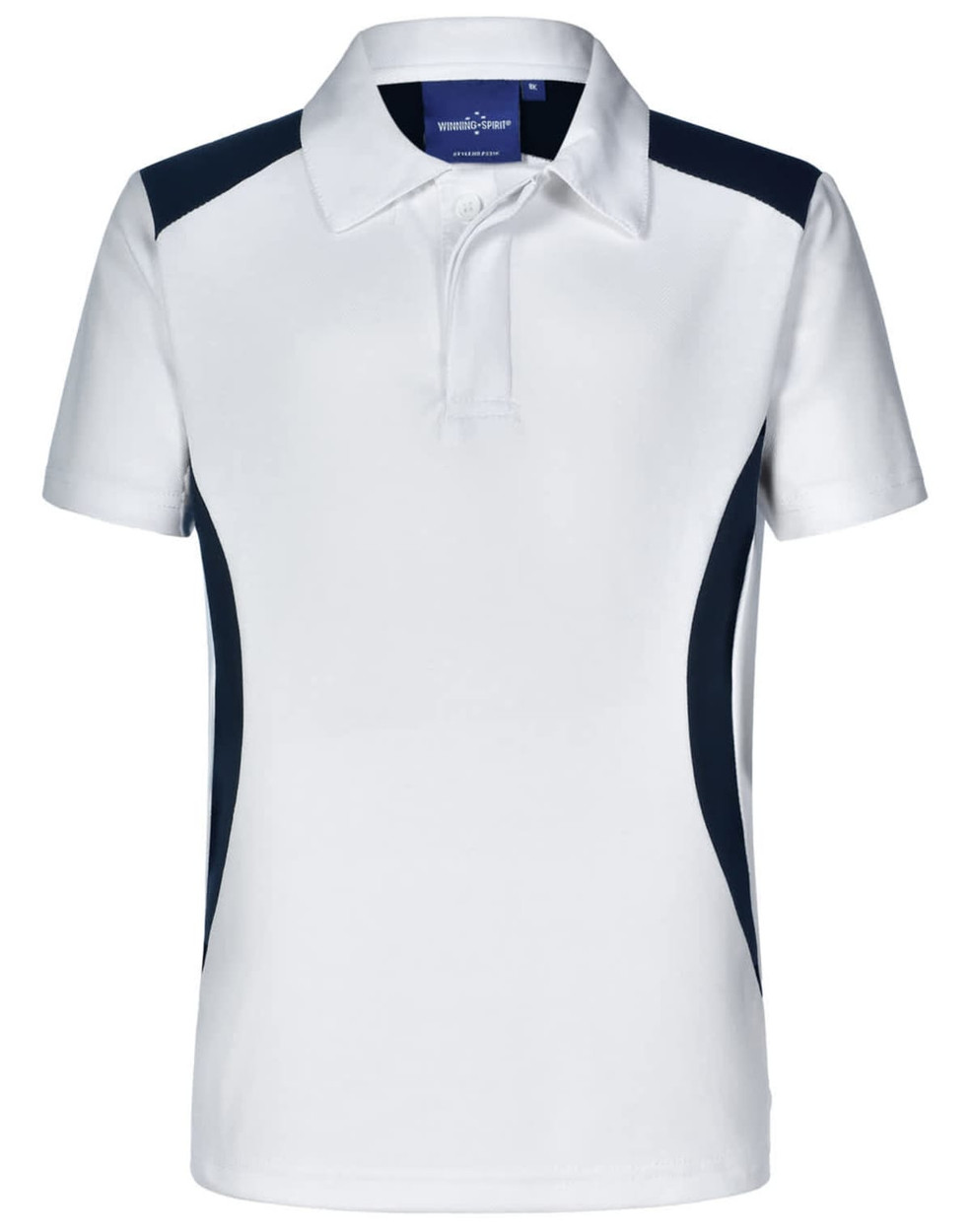 A white polo shirt featuring navy side panels and a collar. It has a branding logo on the neckline.