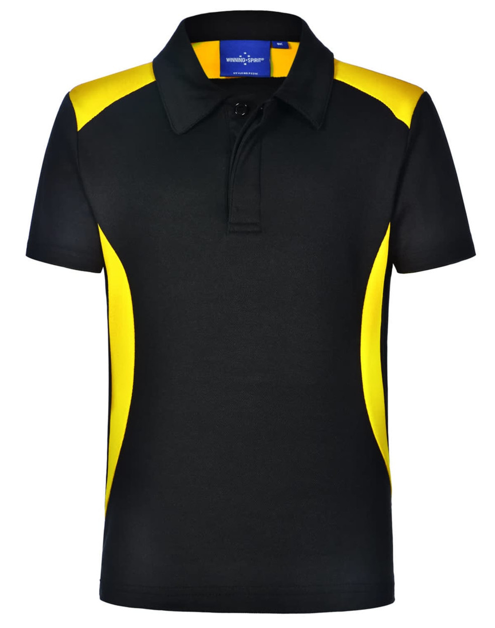 A black polo shirt with yellow side panels and a collar, featuring a logo on the chest.