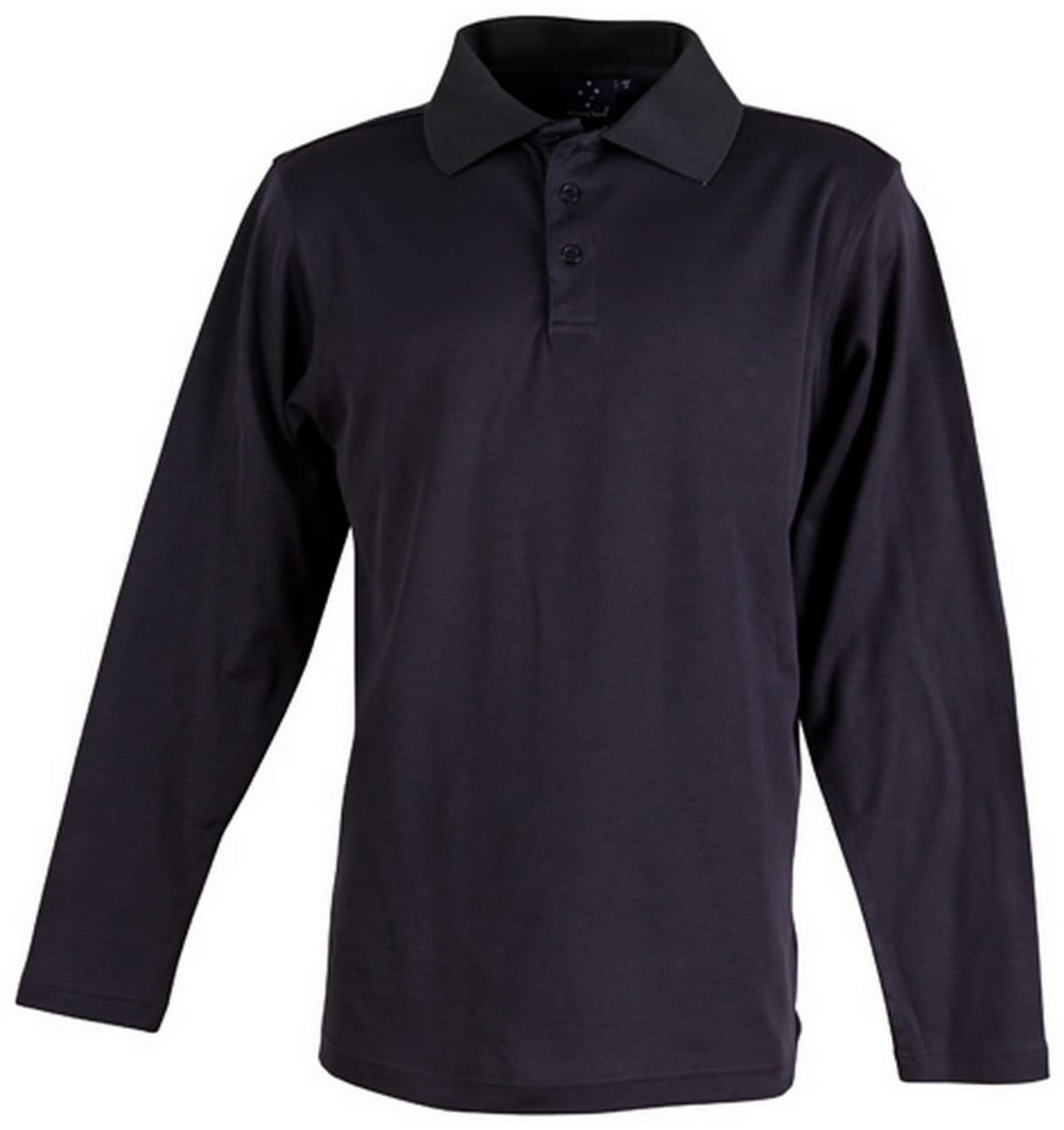 A long sleeve polo shirt in dark navy with a collared neck and a button front. It features branding on the chest.