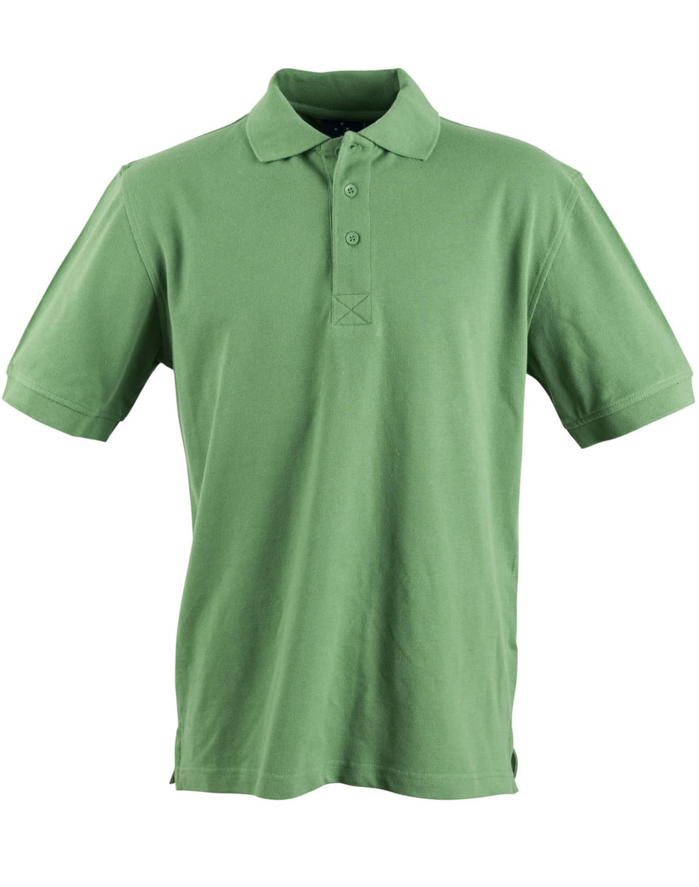 A green men's polo shirt featuring a classic collar and short sleeves, with a logo on the chest.
