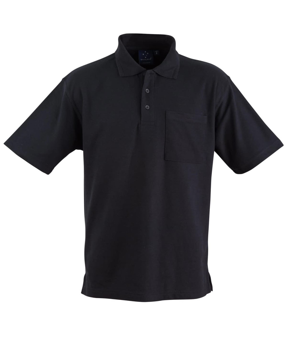A black pocket short sleeve polo shirt with a collar and a chest pocket, featuring a logo.