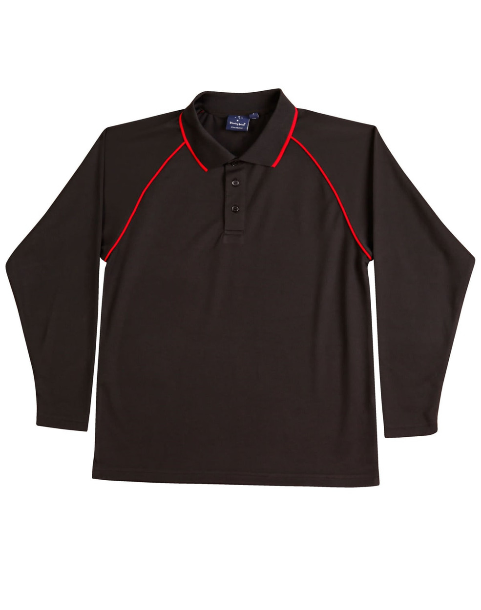 A black long-sleeve polo shirt with red accents and a collar, featuring a logo.