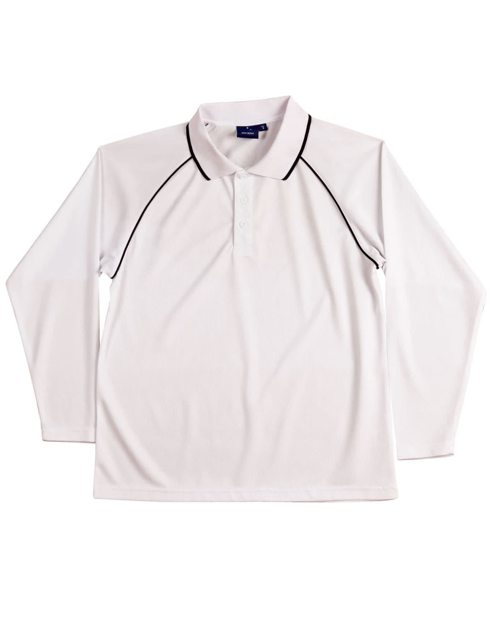 A white long-sleeve polo shirt with black piping and a collar. The shirt features a logo.