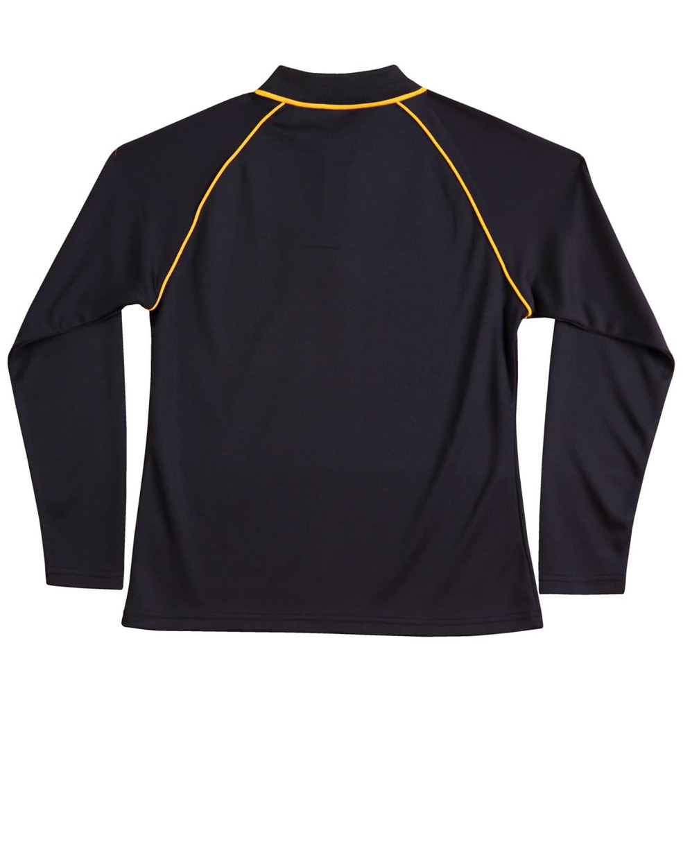 A black long-sleeve polo shirt featuring yellow raglan seams and a collar. It has a logo on it.