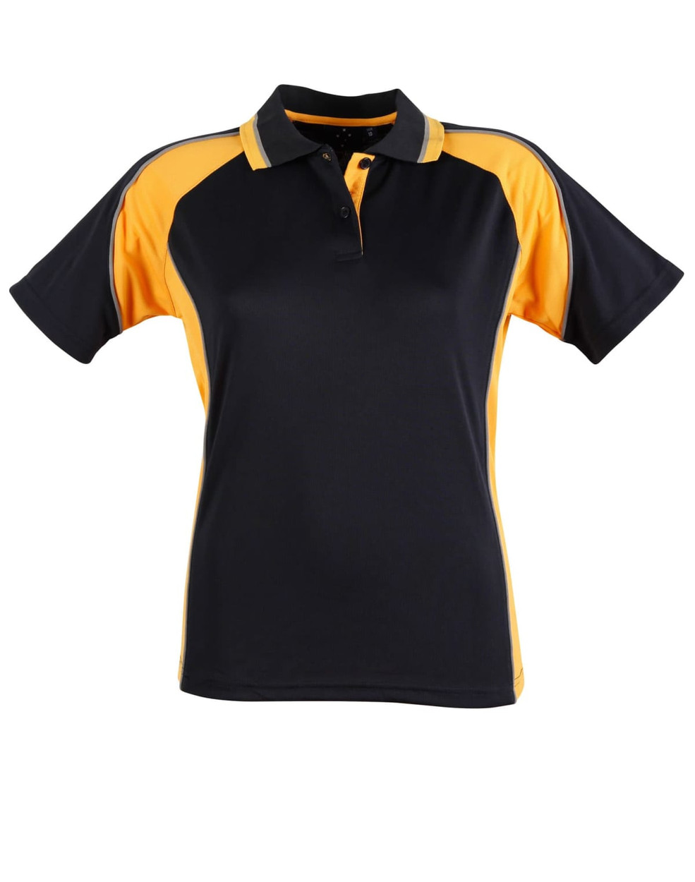 A black and yellow ladies' polo shirt with a collar and short sleeves, featuring a logo on the chest.